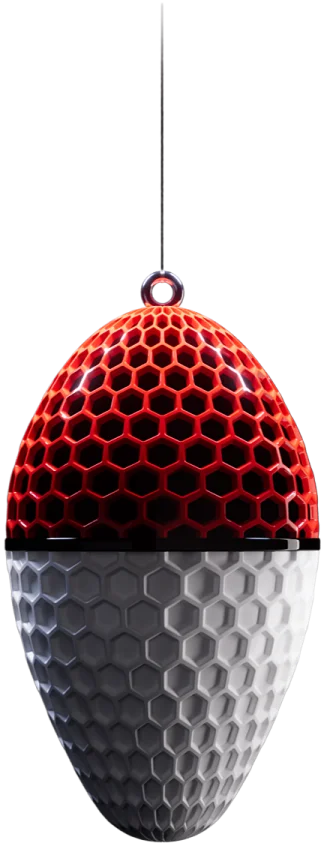 Red and white honeycomb-patterned, teardrop-shaped speaker with a hanging loop at the top.