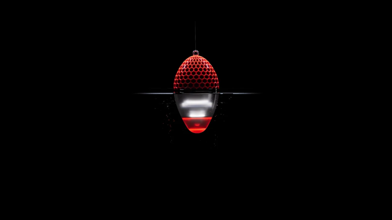 A red and white fishing bobber floats on calm water against a black background.